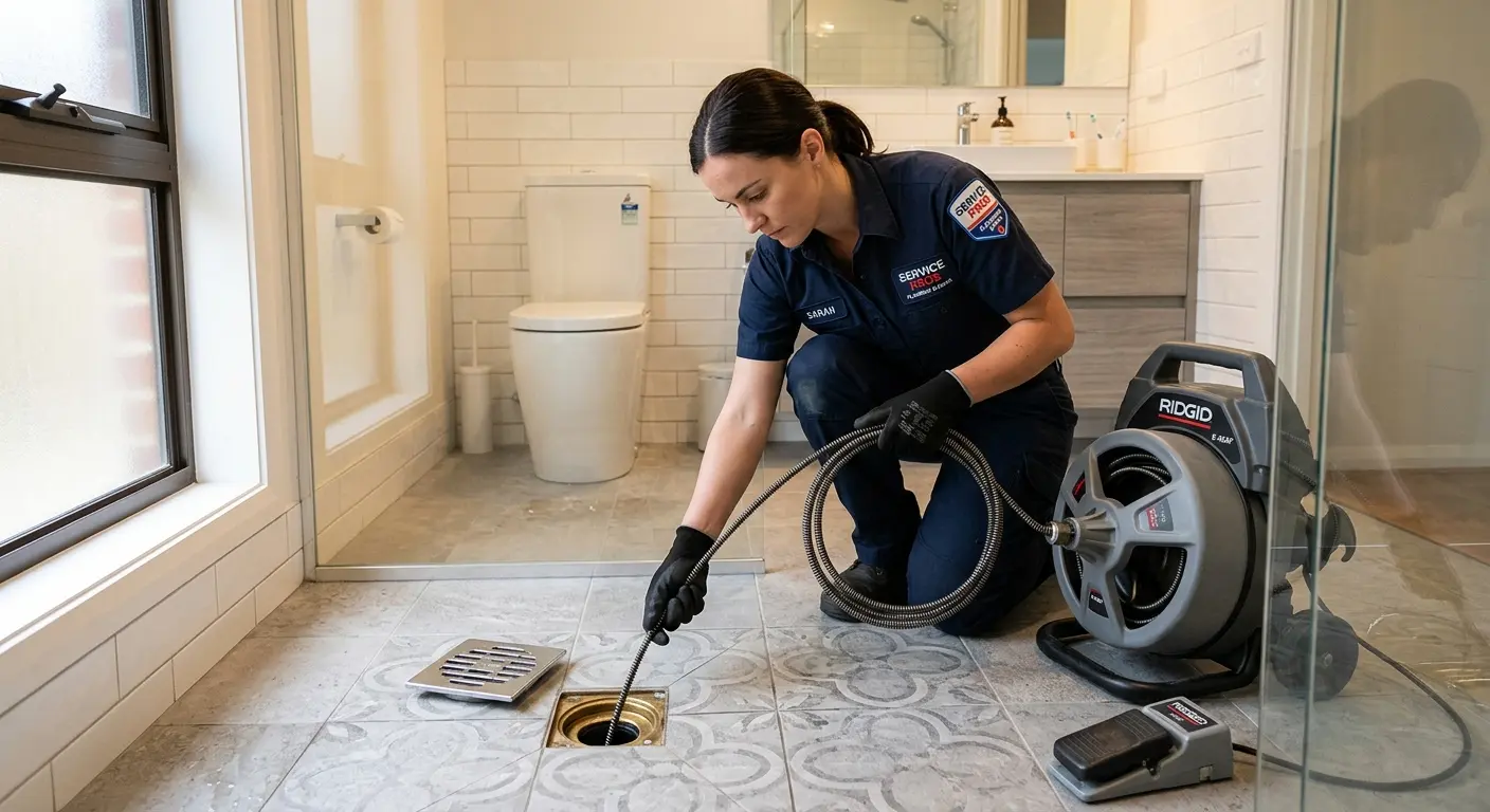 Technician clearing a bathroom floor drain for Sewer Line Replacement in Carolina Forest